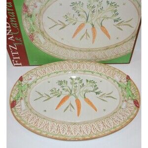 FITZ AND FLOYD LE CANARD ASPARAGUS CARROT EASTER LARGE OVAL SERVING PLATTER 19"